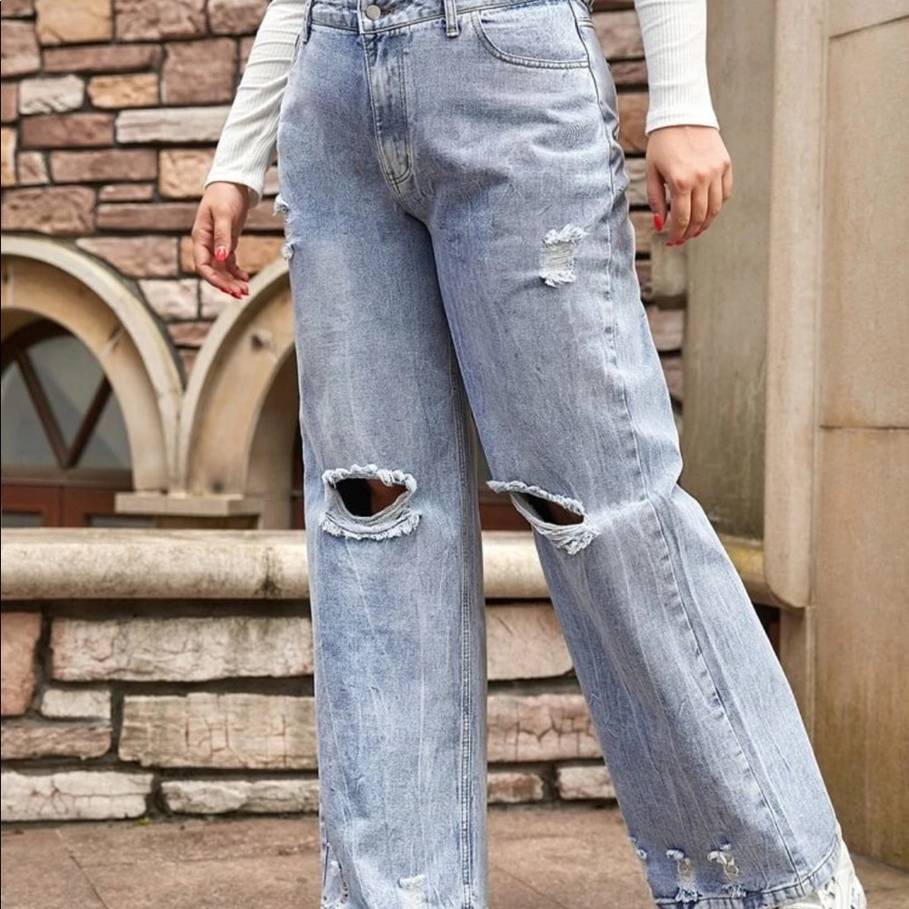 High Waist Ripped Wide Leg Jeans